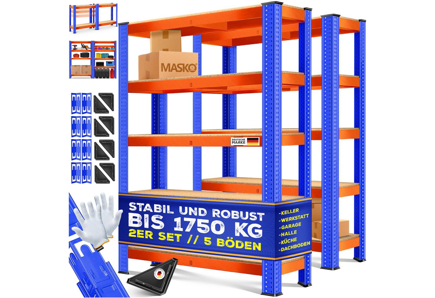 MASKO Schwerlastregale 180 x 90 x 40 cm 5 Böden Orange Blau 2er Set Bild 4