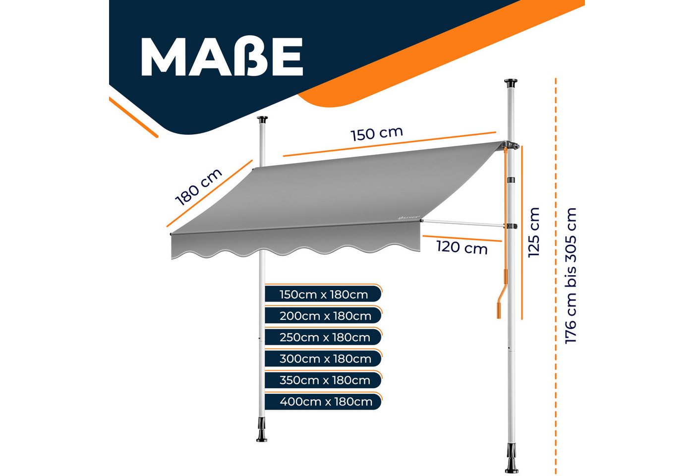 KESSER Klemmmarkise für Balkon mit Handkurbel Ohne Bohren 150 cm Grau Bild 3
