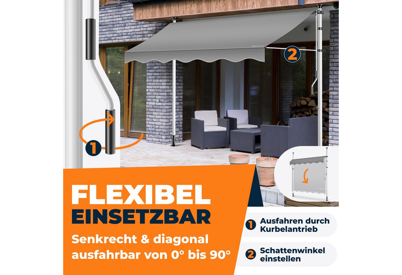KESSER Klemmmarkise für Balkon mit Handkurbel Ohne Bohren 150 cm Grau Bild 4