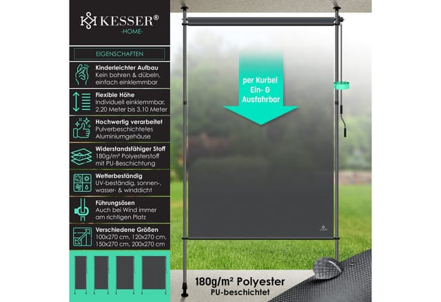 KESSER Klemmmarkise Senkrechtmarkise Blickdicht 200 x 310 cm Anthrazit