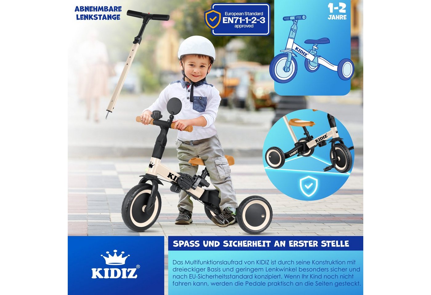 KIDIZ Laufrad Dreirad 6in1 Bis 25 kg mit Sicherheitsbügel Beige Bild 2