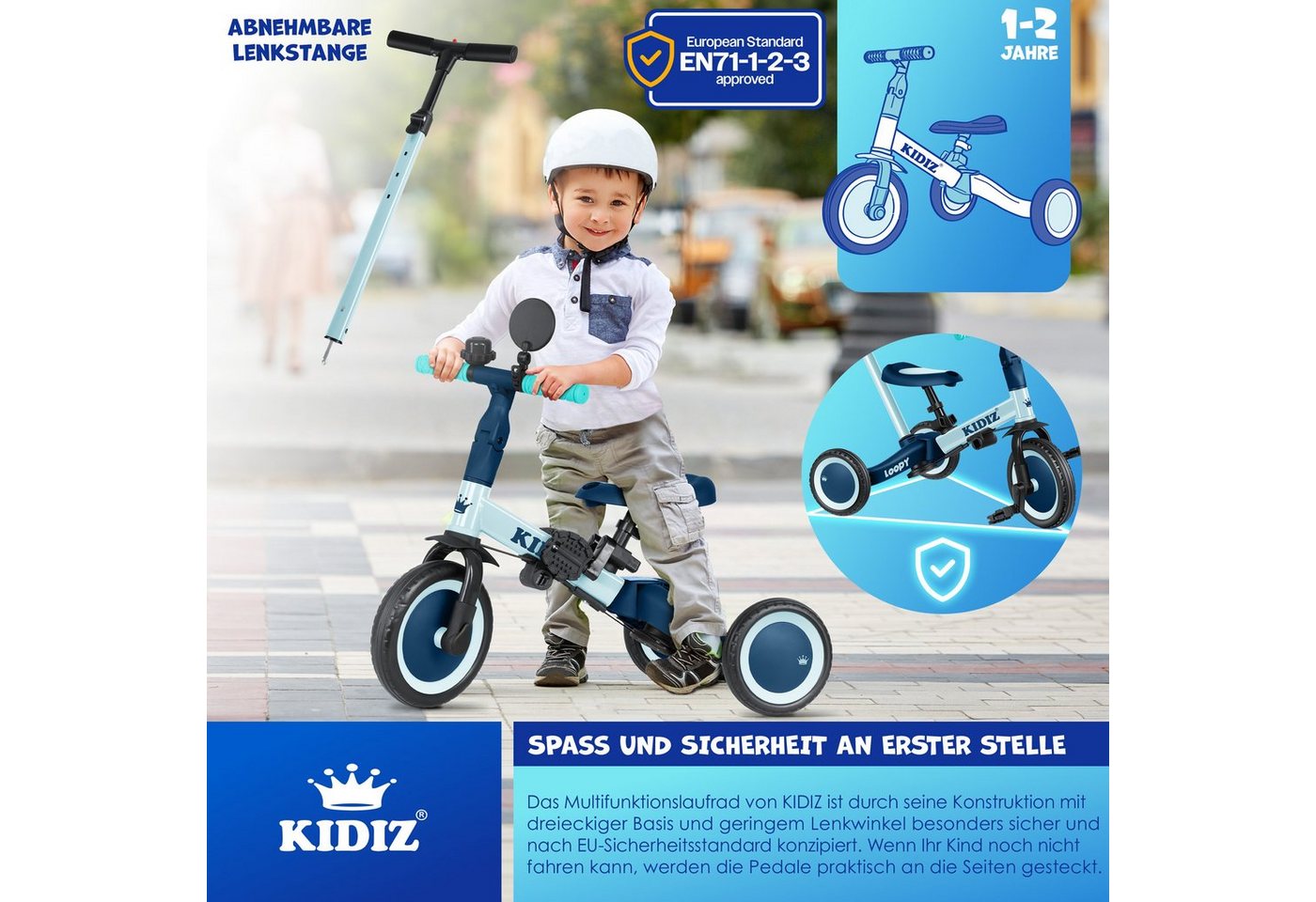 KIDIZ Laufrad Dreirad 6in1 Bis 25 kg mit Sicherheitsbügel Blau Bild 2