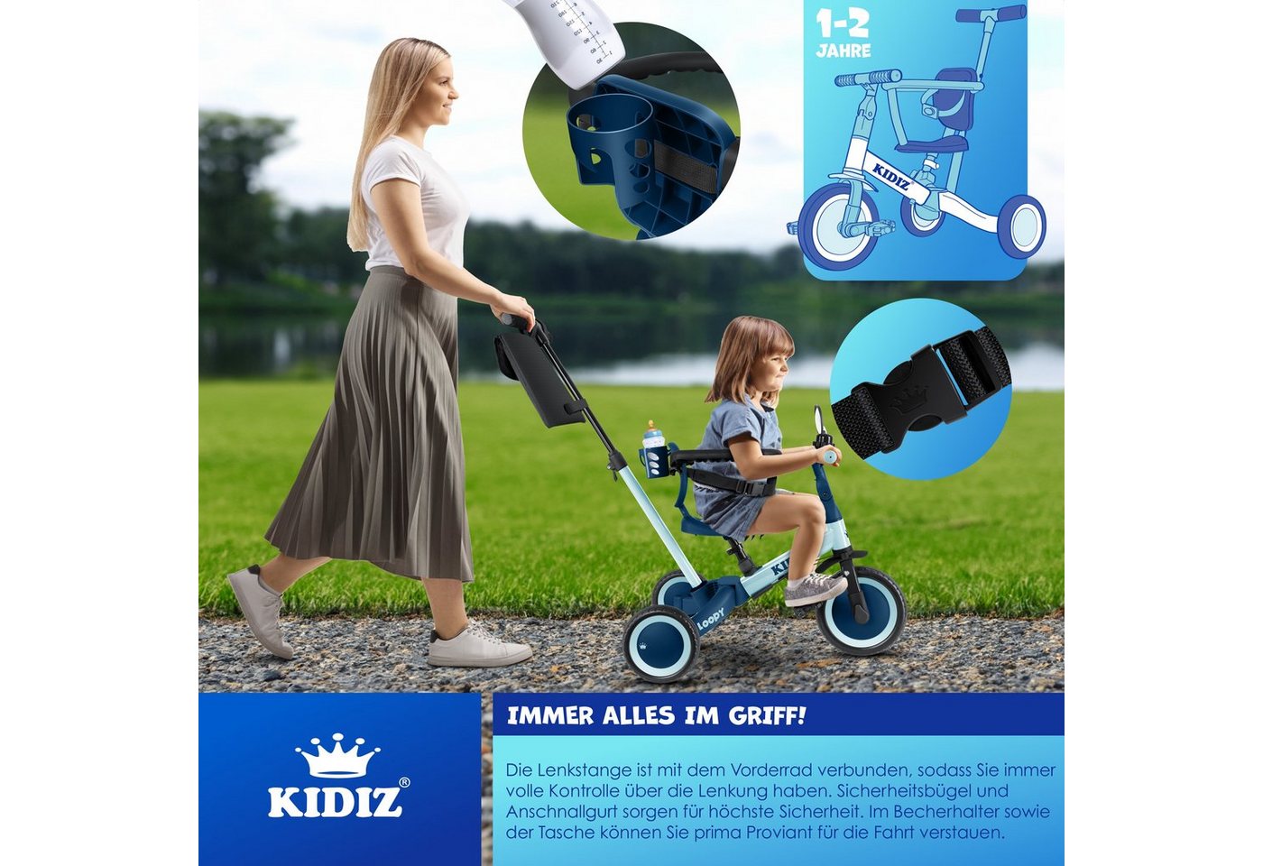 KIDIZ Laufrad Dreirad 6in1 Bis 25 kg mit Sicherheitsbügel Blau Bild 3