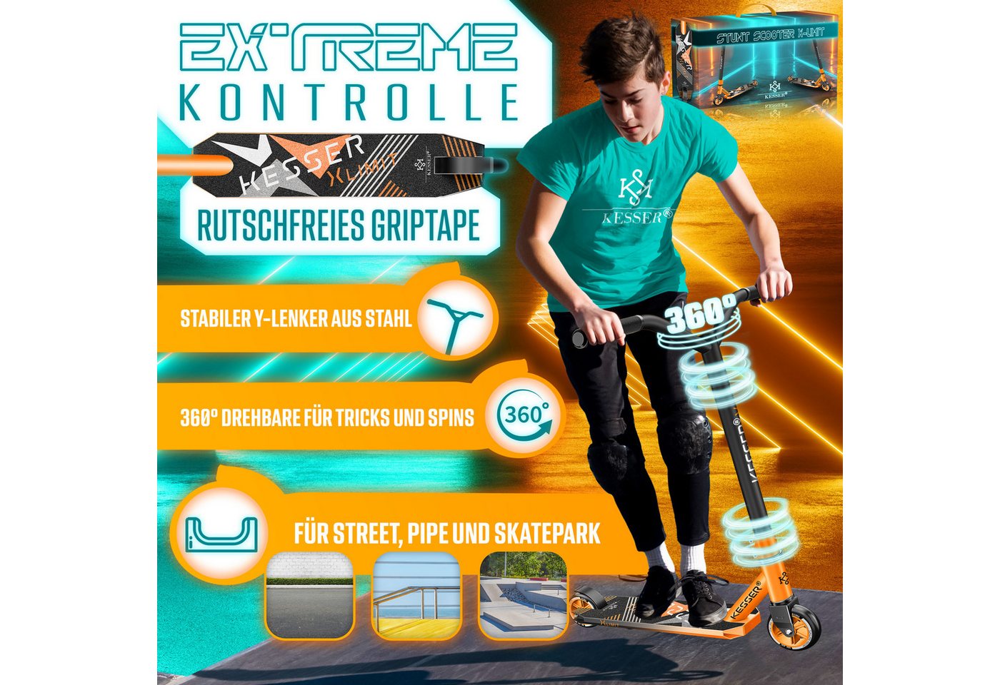 KESSER Stuntscooter X-Limit 360° Lenkung ABEC 9 100 mm PU Räder Orange Schwarz
