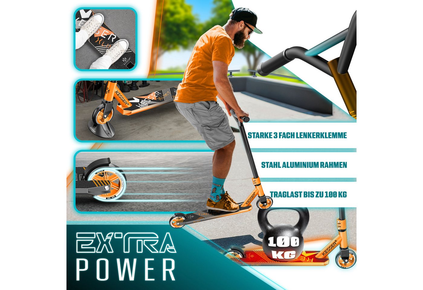 KESSER Stuntscooter X-Limit 360° Lenkung ABEC 9 100 mm PU Räder Orange Schwarz Bild 3