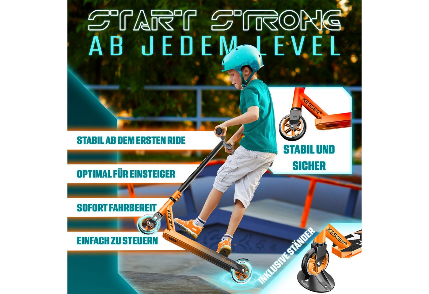 KESSER Stuntscooter X-Limit 360° Lenkung ABEC 9 100 mm PU Räder Orange Schwarz Bild 4