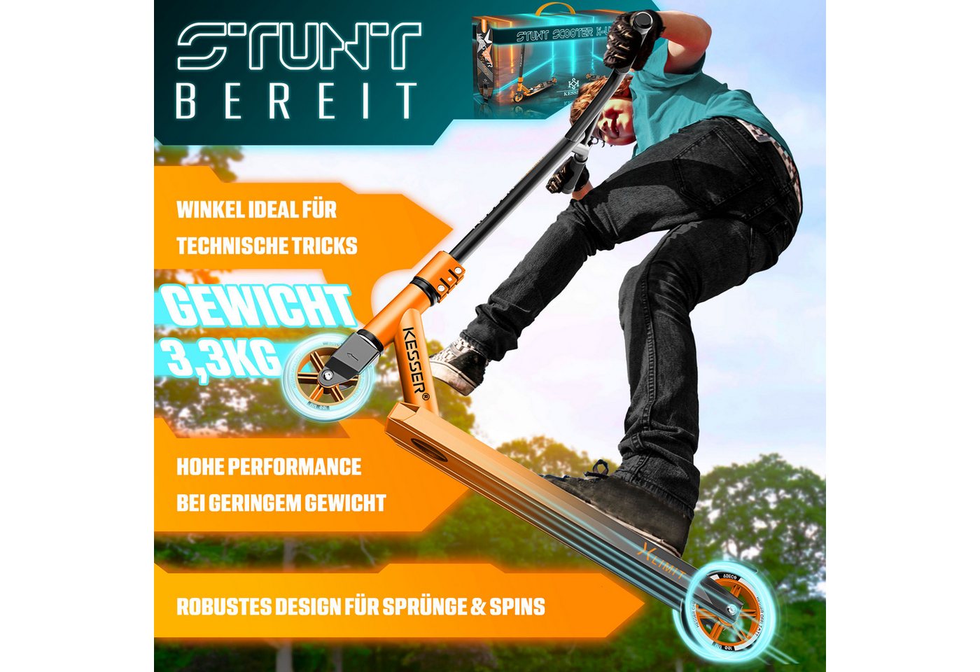 KESSER Stuntscooter X-Limit 360° Lenkung ABEC 9 100 mm PU Räder Orange Schwarz Bild 5