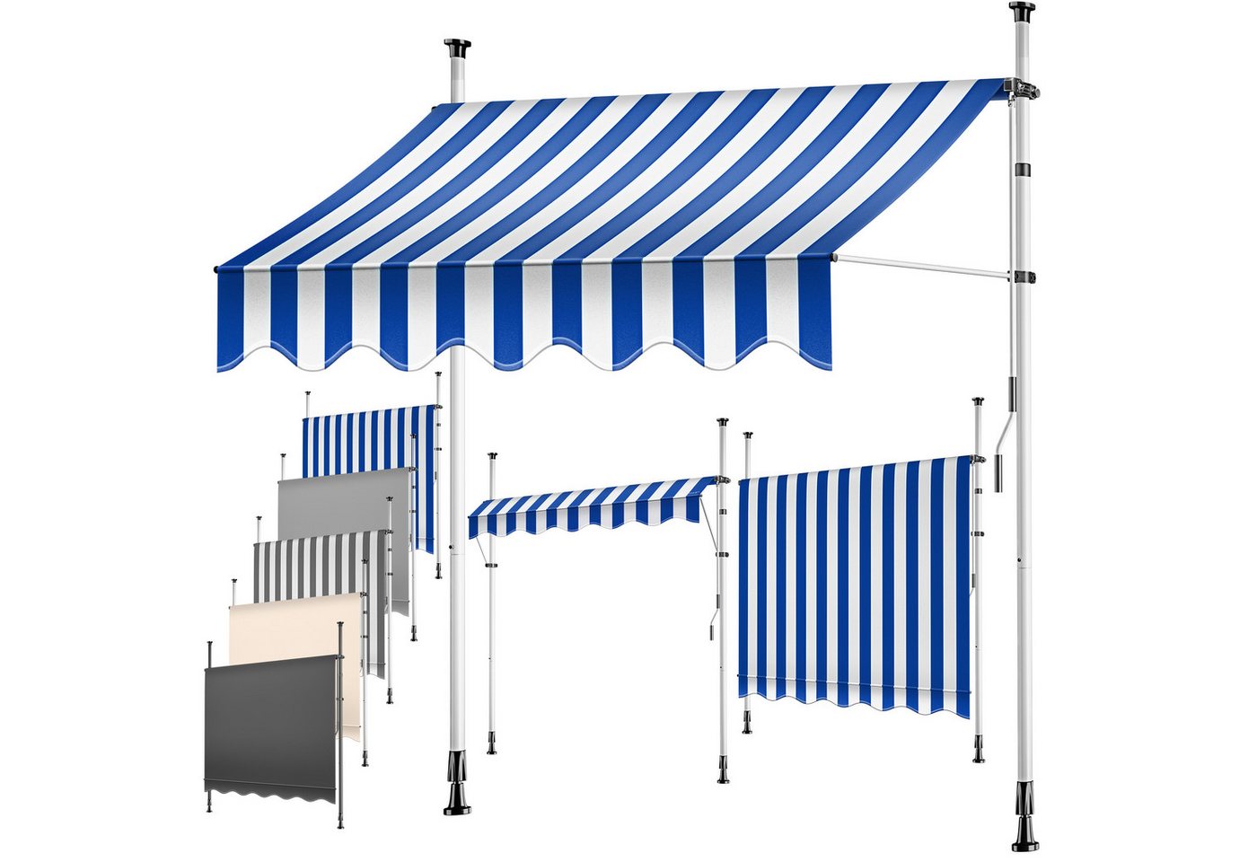 KESSER Klemmmarkise für Balkon mit Handkurbel Ohne Bohren 150 cm Blau Weiß