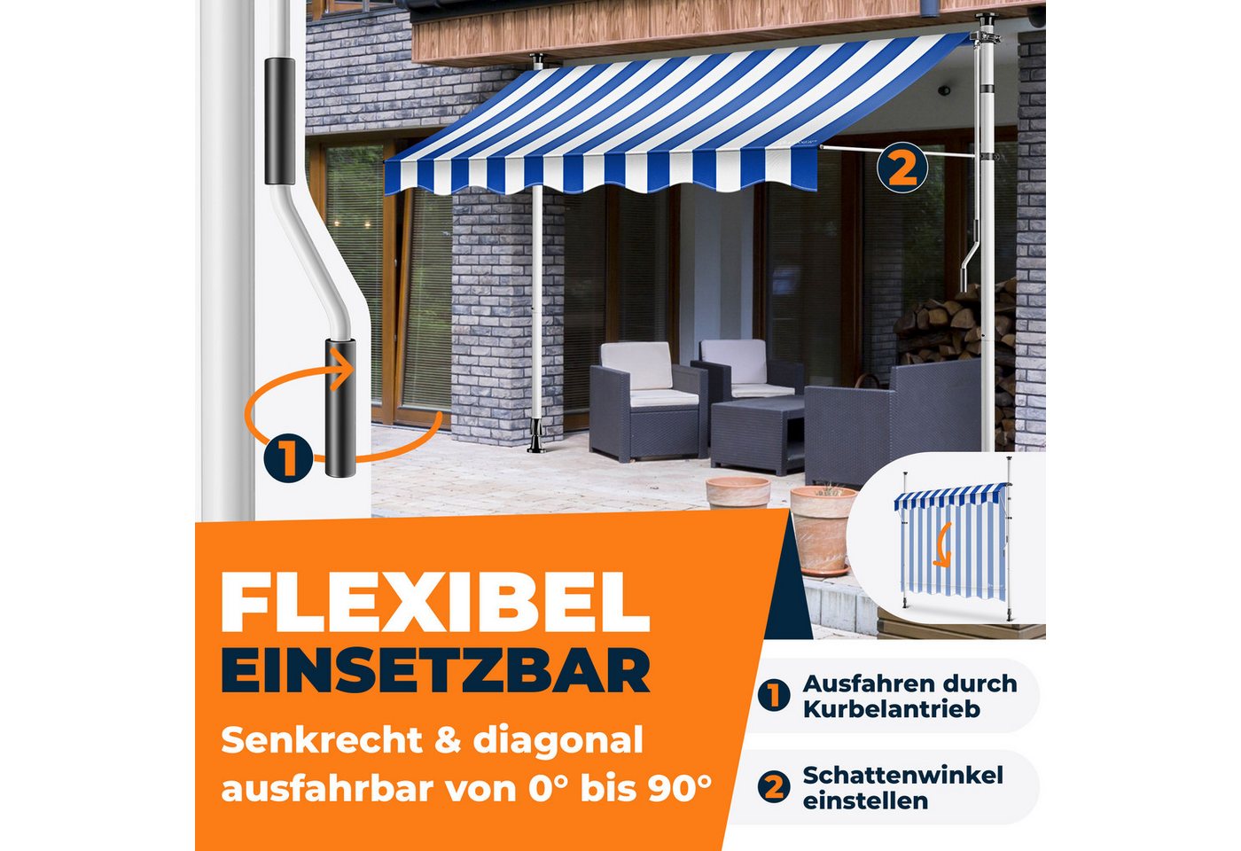 KESSER Klemmmarkise für Balkon mit Handkurbel Ohne Bohren 150 cm Blau Weiß Bild 4