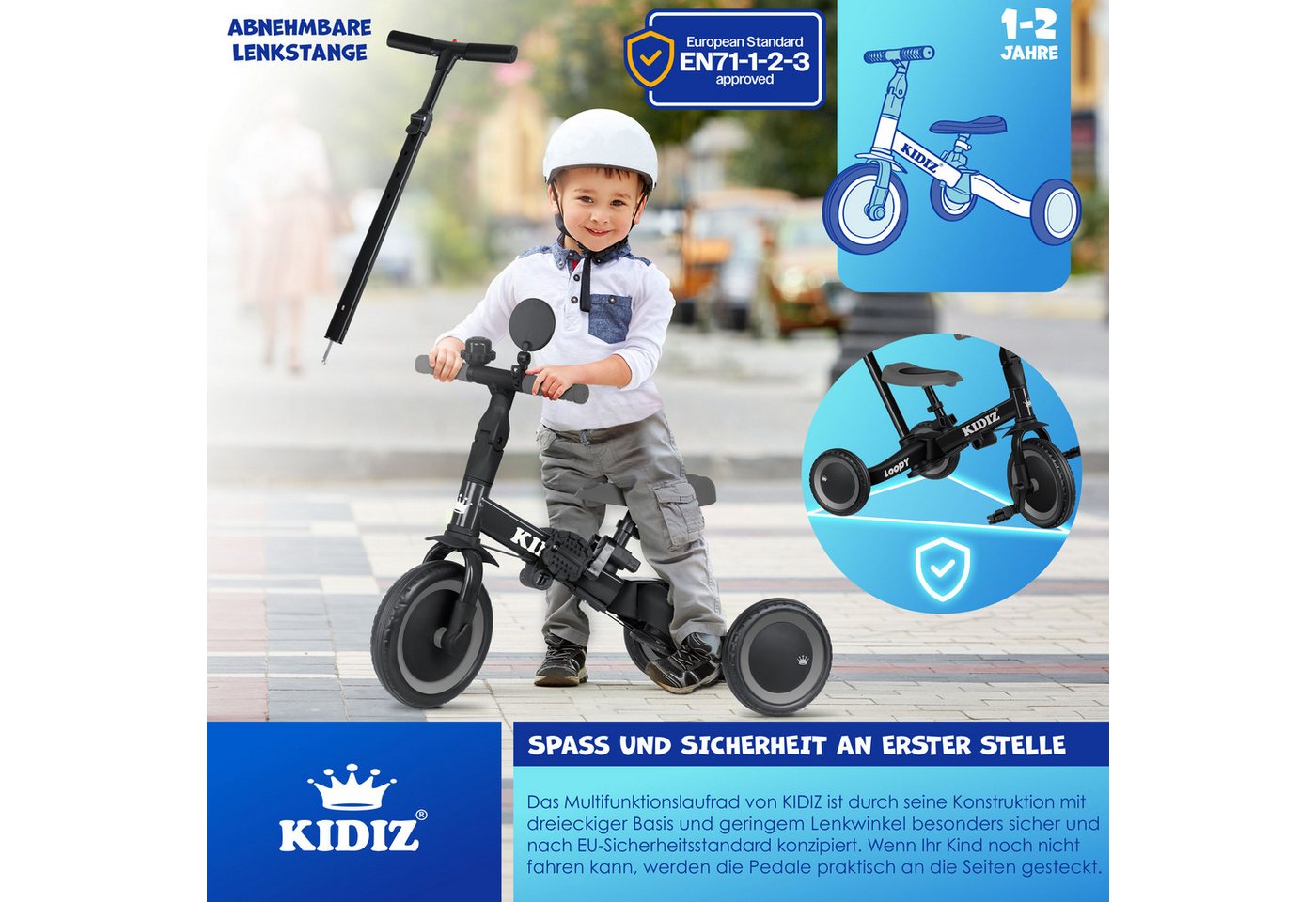 KIDIZ Laufrad Dreirad 6in1 Bis 25 kg mit Sicherheitsbügel Schwarz Anthrazit Bild 2