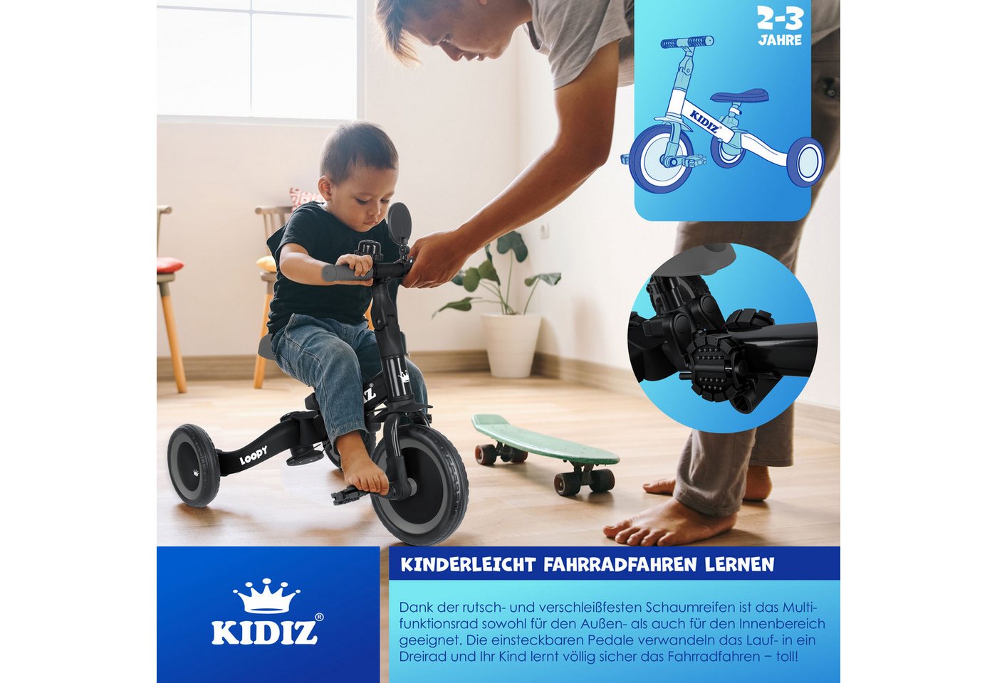 KIDIZ Laufrad Dreirad 6in1 Bis 25 kg mit Sicherheitsbügel Schwarz Anthrazit Bild 3