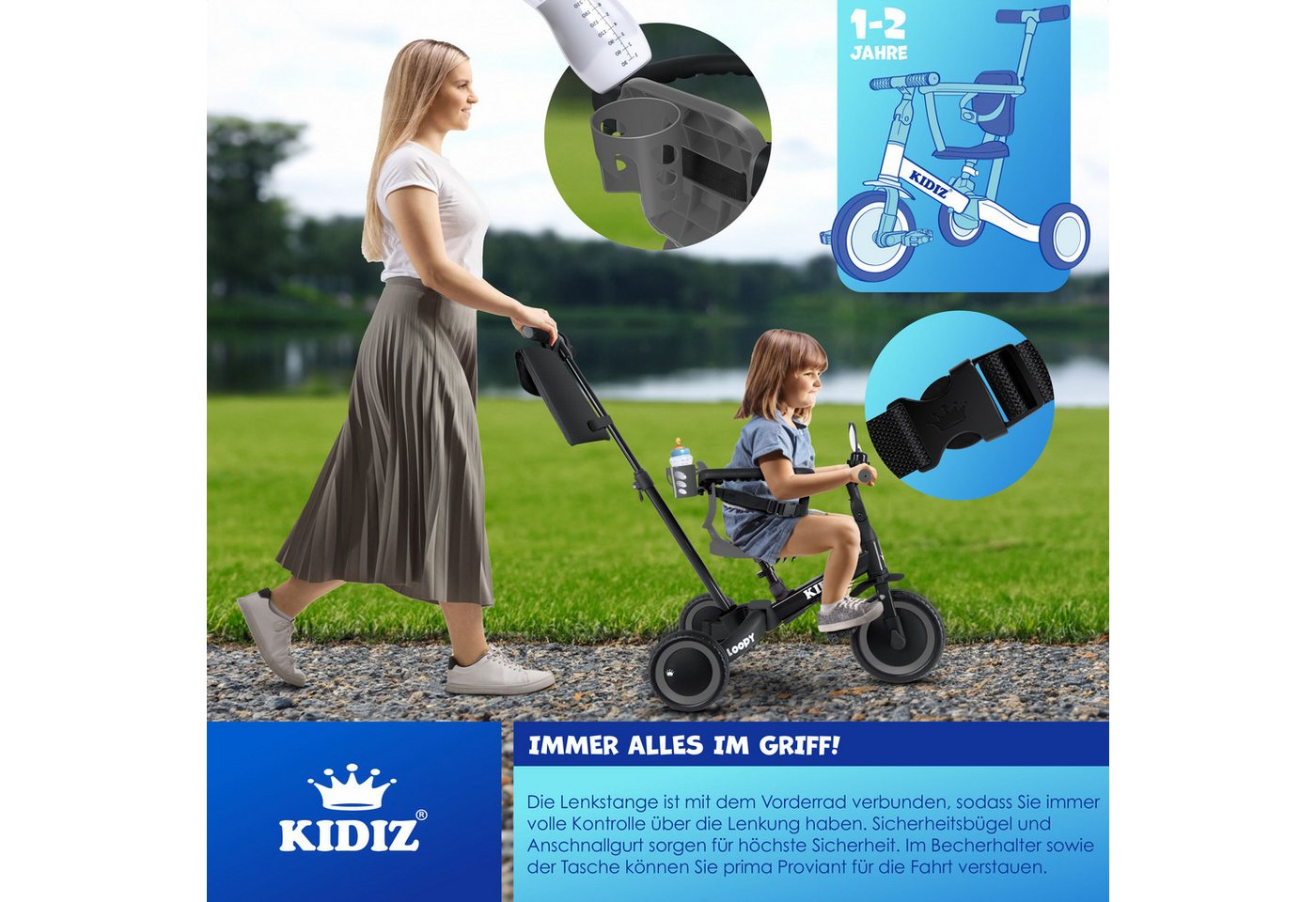 KIDIZ Laufrad Dreirad 6in1 Bis 25 kg mit Sicherheitsbügel Schwarz Anthrazit Bild 5