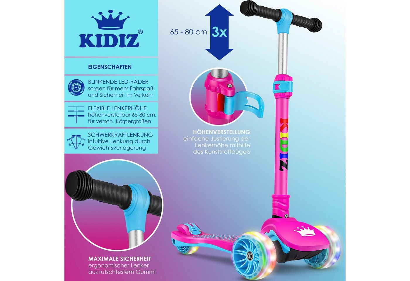 KIDIZ Dreiradscooter X-Pro2 Faltbar PU LED Räder Höhenverstellbar Pink Bild 3