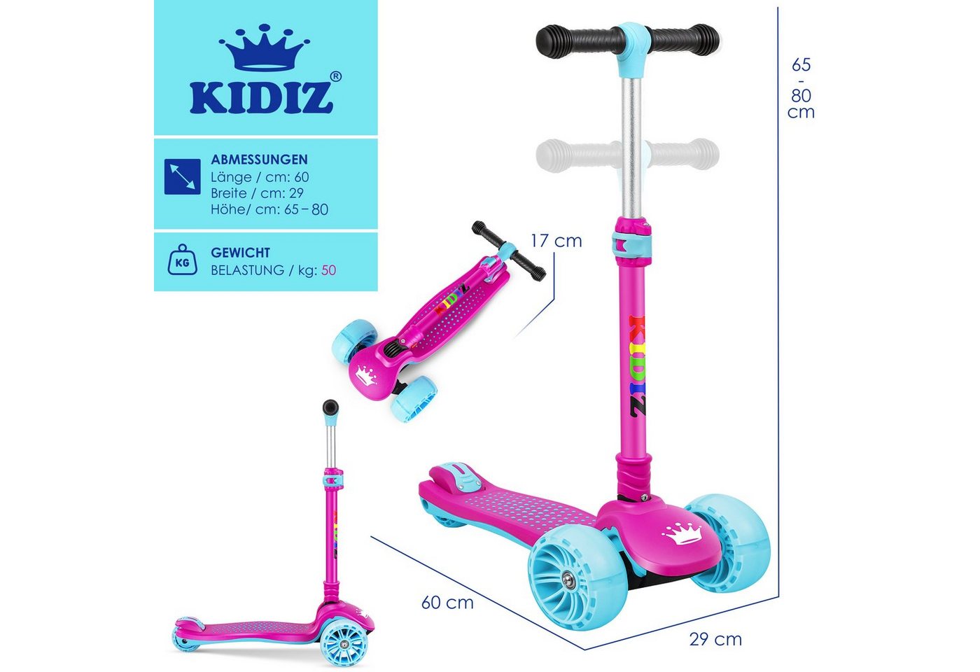 KIDIZ Dreiradscooter X-Pro2 Faltbar PU LED Räder Höhenverstellbar Pink Bild 5