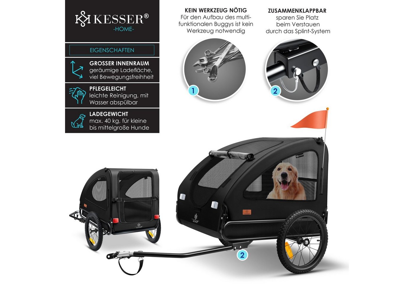 KESSER Hundeanhänger Boxer 2 In 1 Volumen 250, Bis 45 kg Schwarz Bild 4