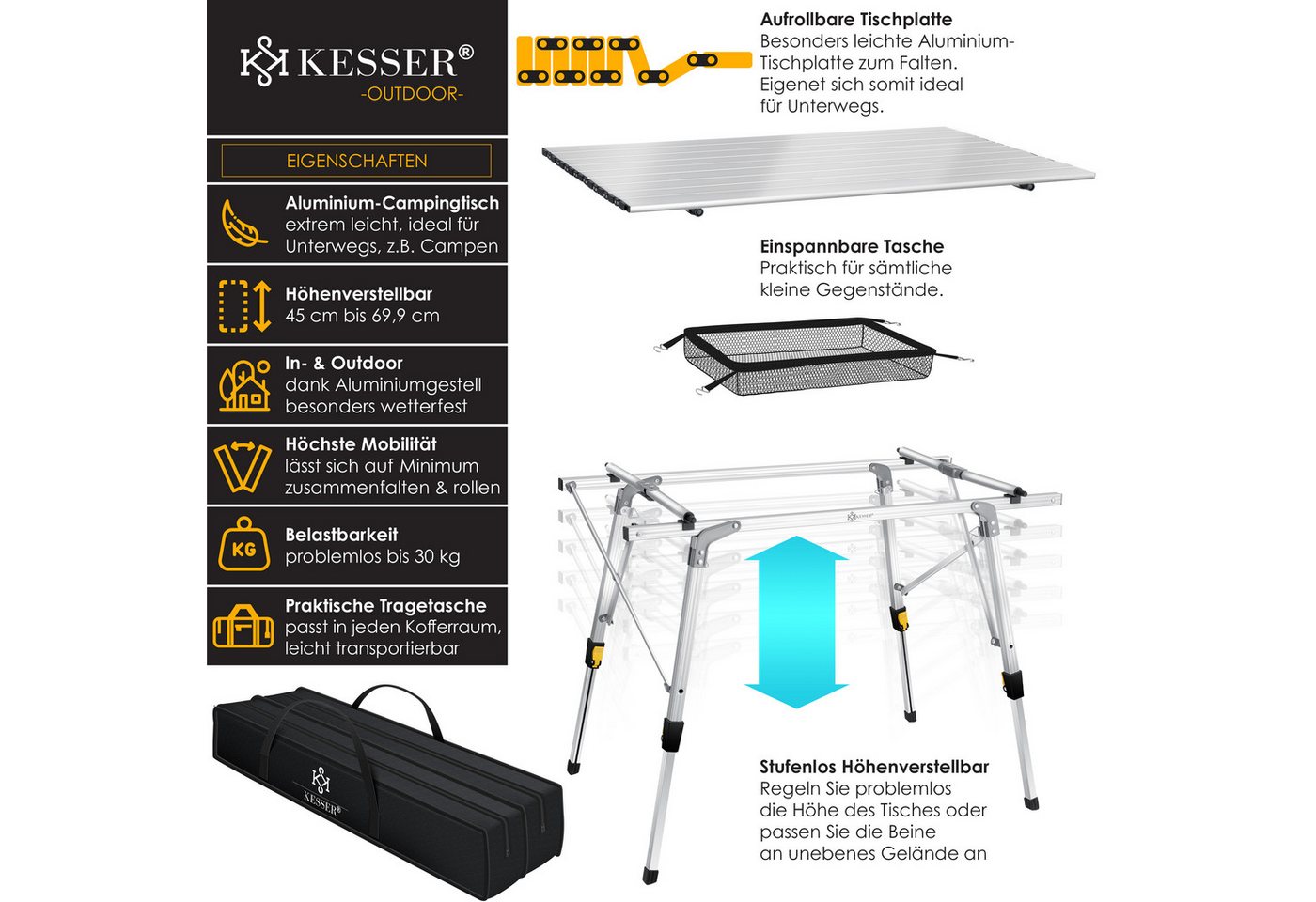 KESSER Campingtisch Faltbar mit Aluminiumrahmen 90 x 53 cm Silber