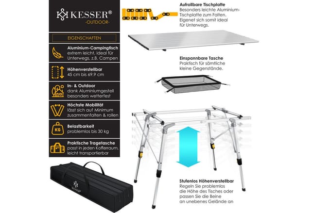 KESSER Campingtisch Faltbar mit Aluminiumrahmen 90 x 53 cm Silber