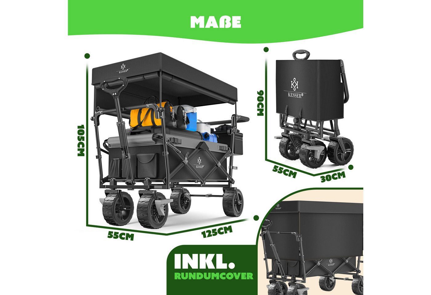 KESSER Bollerwagen GT9000 Faltbar mit Dach Belastbar Bis 150 kg Schwarz Grau