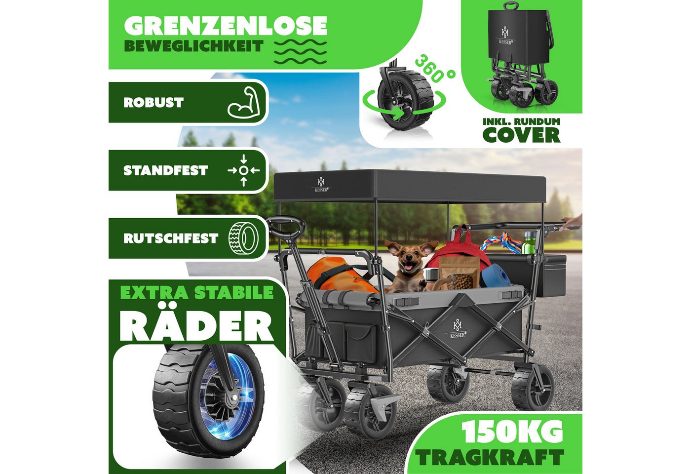 KESSER Bollerwagen GT9000 Faltbar mit Dach Belastbar Bis 150 kg Schwarz Grau Bild 2