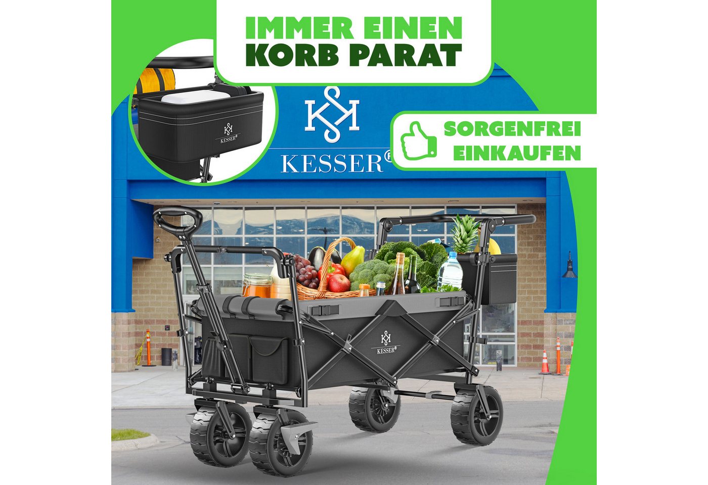 KESSER Bollerwagen GT9000 Faltbar mit Dach Belastbar Bis 150 kg Schwarz Grau Bild 3