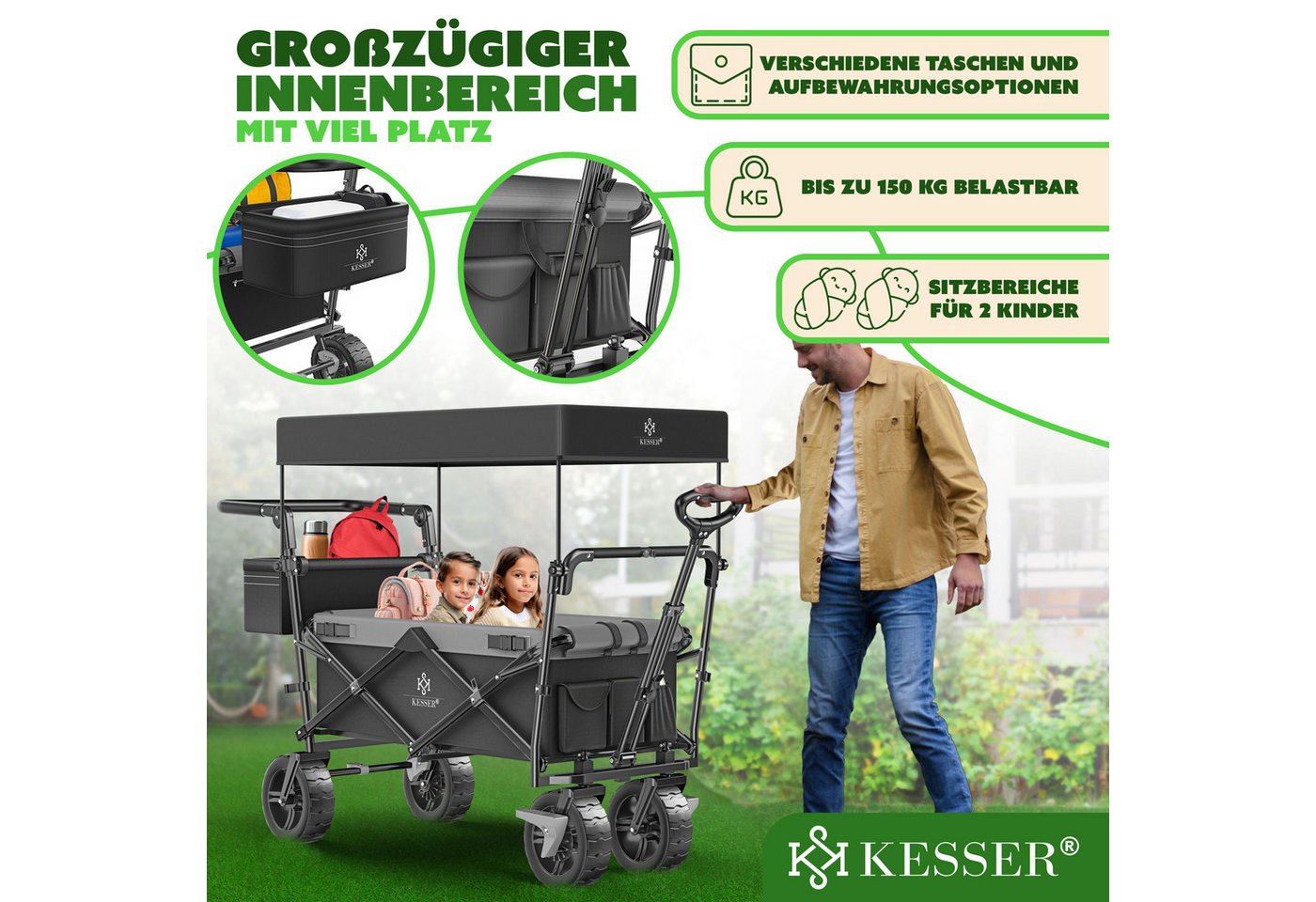 KESSER Bollerwagen GT9000 Faltbar mit Dach Belastbar Bis 150 kg Schwarz Grau Bild 4