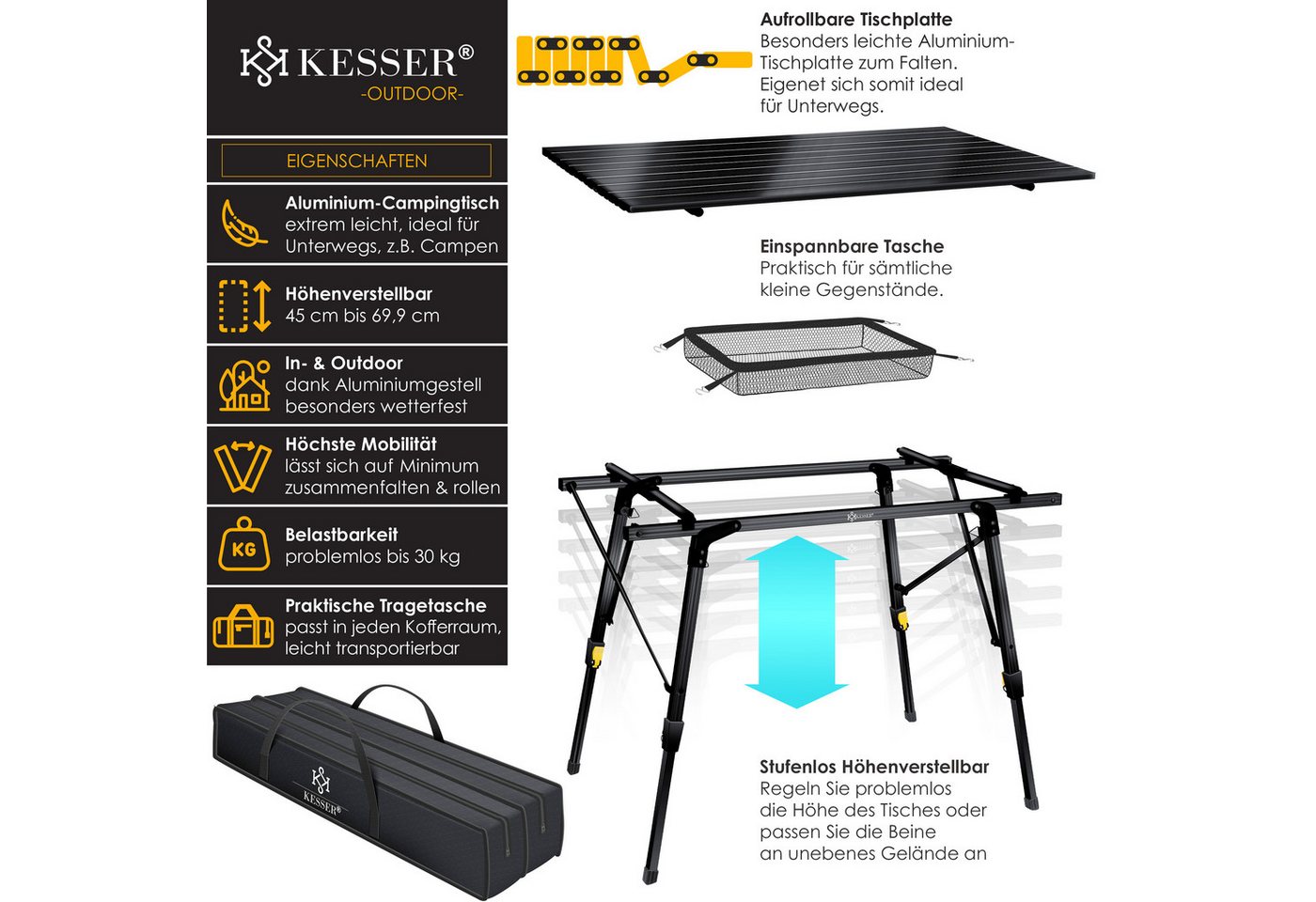 KESSER Campingtisch Faltbar mit Aluminiumrahmen 90 x 53 cm Schwarz