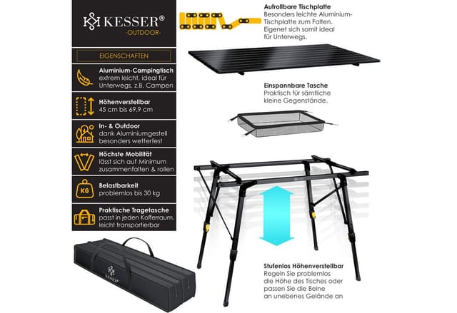 KESSER Campingtisch Faltbar mit Aluminiumrahmen 90 x 53 cm Schwarz