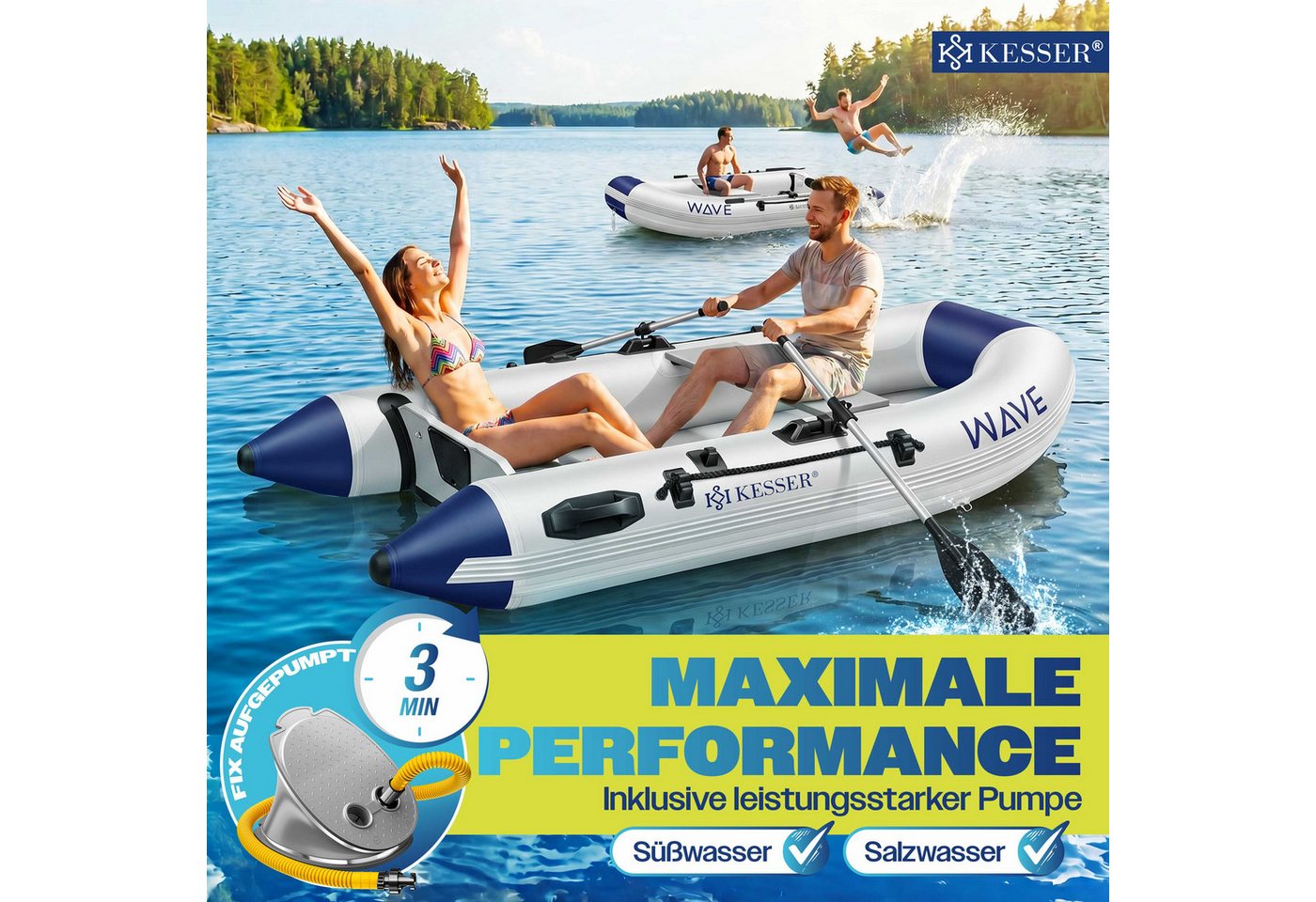 KESSER Schlauchboot WAVE für 2 Personen mit Sitzbank 230 cm Grau Blau