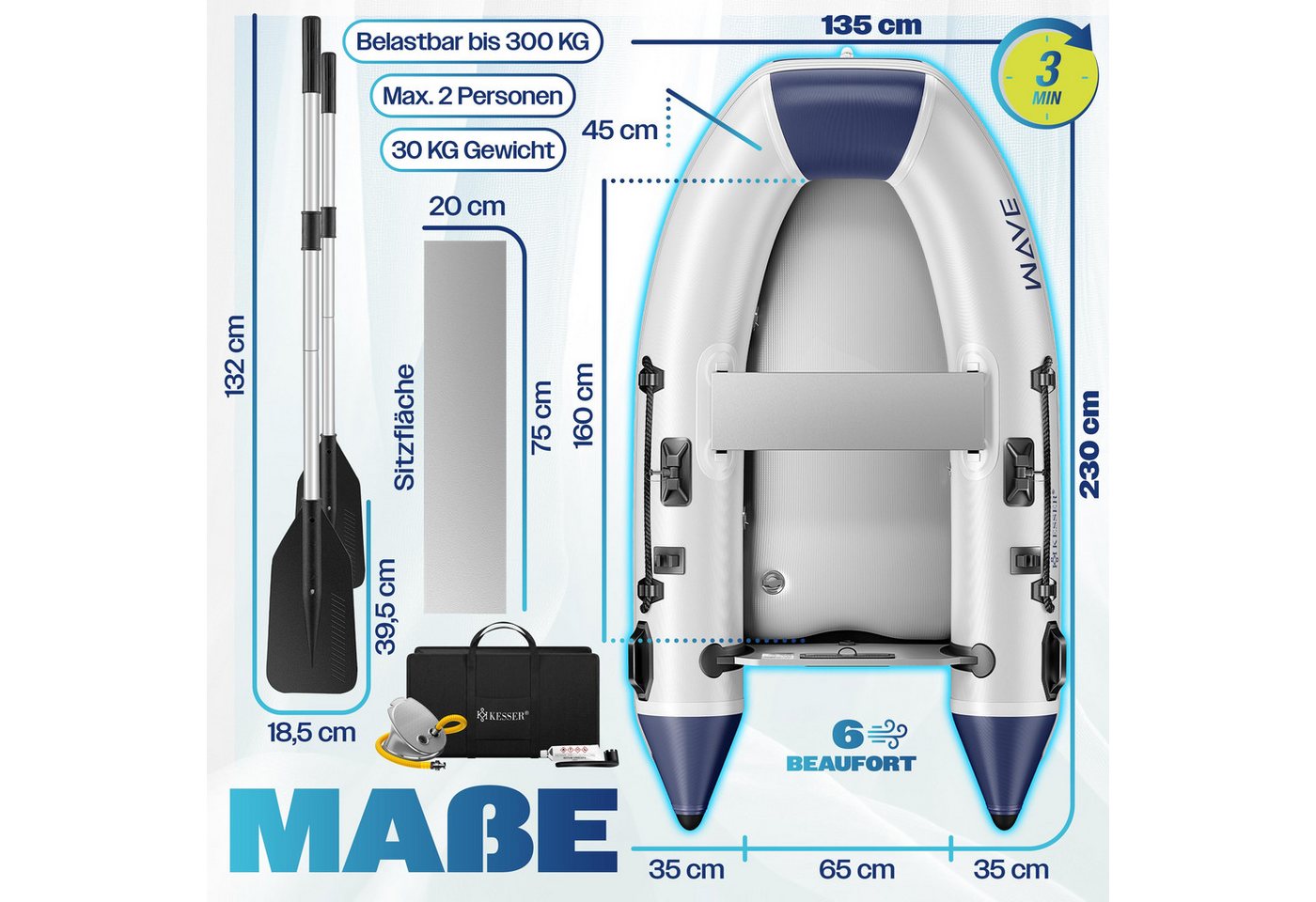 KESSER Schlauchboot WAVE für 2 Personen mit Sitzbank 230 cm Grau Blau Bild 2