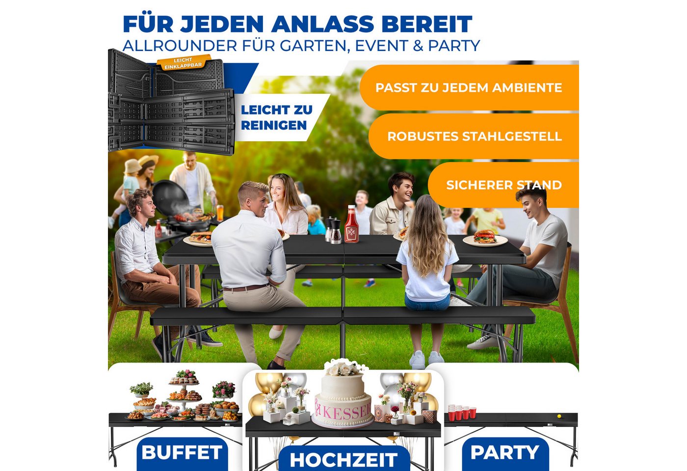 KESSER Bierzeltgarnitur Kunststoff Klappbar Glatt Schwarz 3-Teilig Bild 5