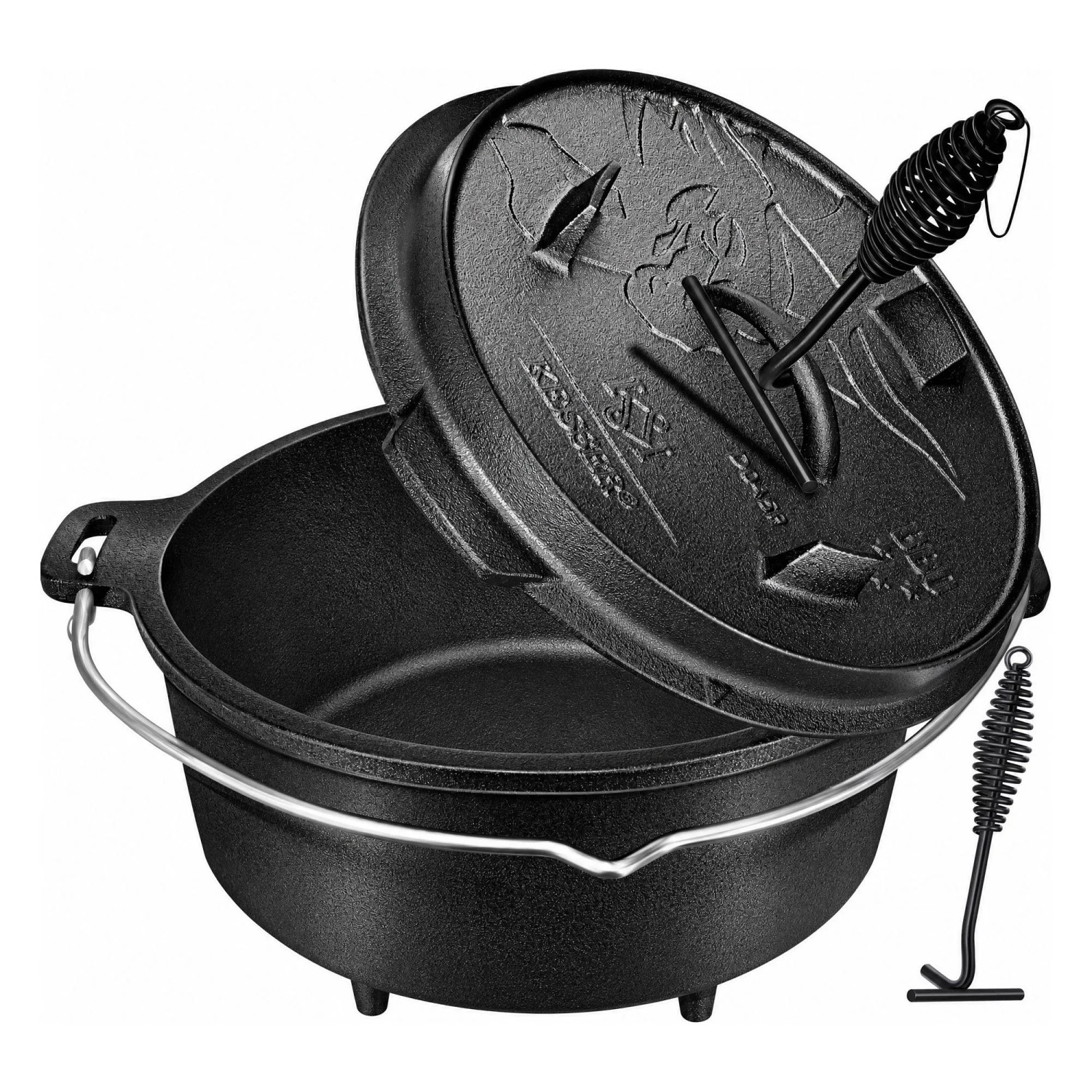 KESSER Dutch Oven Set Gusseisen mit Deckel DO9P 9.0, Schwarz mit Füßen