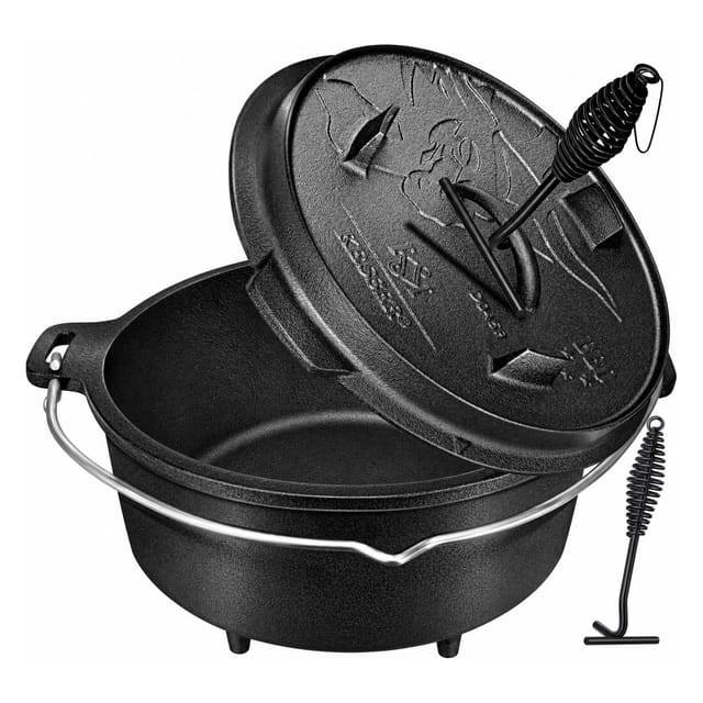 KESSER Dutch Oven Set Gusseisen mit Deckel DO9P 9.0, Schwarz mit Füßen