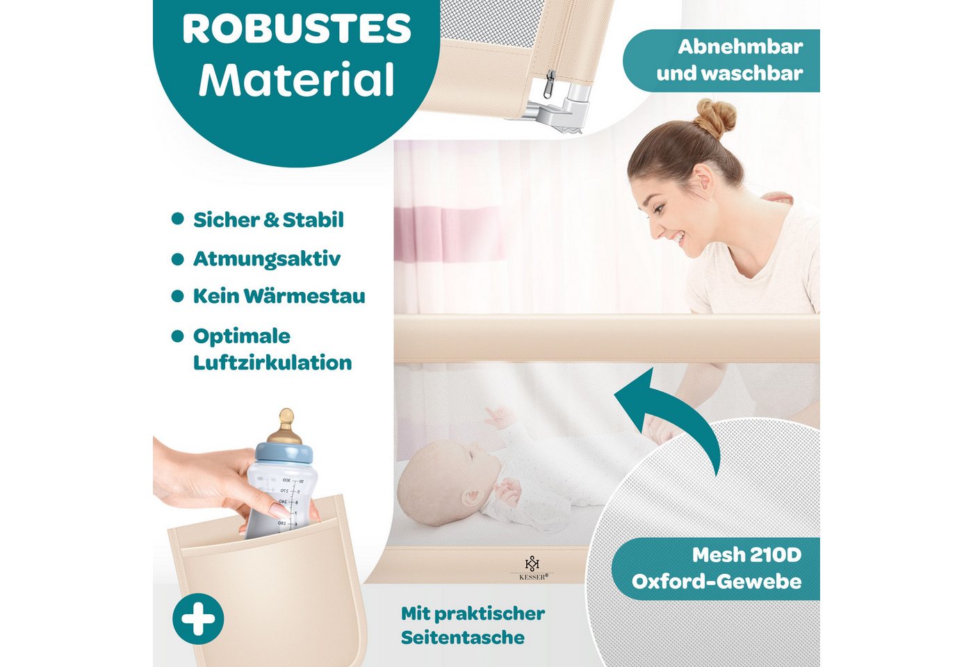 KESSER Bettschutzgitter für Kinder Klappbar Länge 150 cm Beige