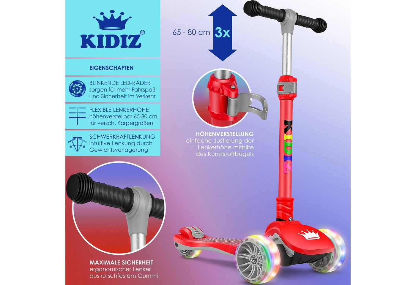 KIDIZ Dreiradscooter X-Pro2 Faltbar PU LED Räder Höhenverstellbar Rot Bild 4