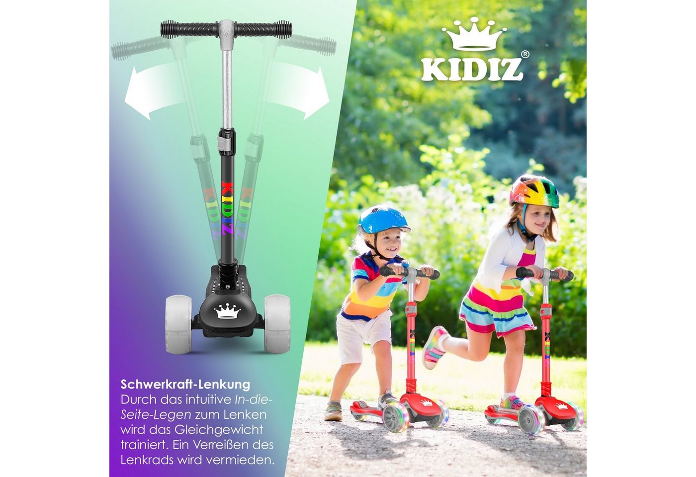 KIDIZ Dreiradscooter X-Pro2 Faltbar PU LED Räder Höhenverstellbar Schwarz