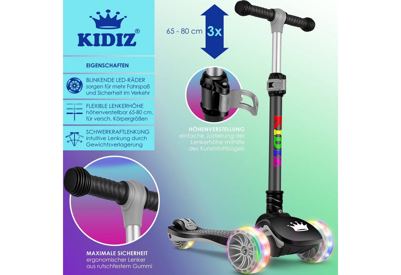 KIDIZ Dreiradscooter X-Pro2 Faltbar PU LED Räder Höhenverstellbar Schwarz Bild 4