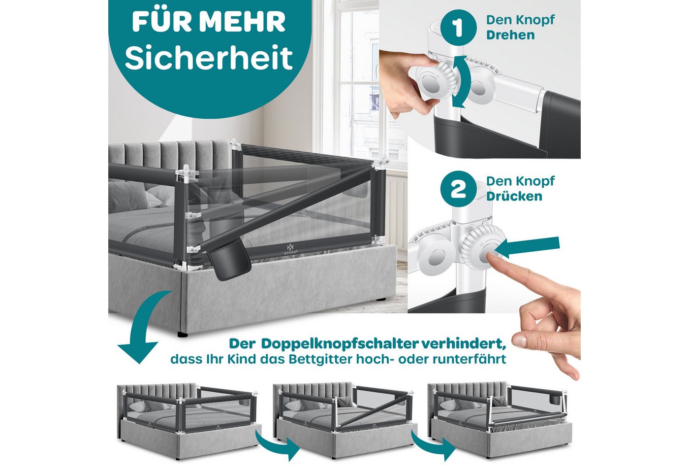 KESSER Bettschutzgitter für Kinder Klappbar Länge 150 cm Dunkelgrau Bild 2