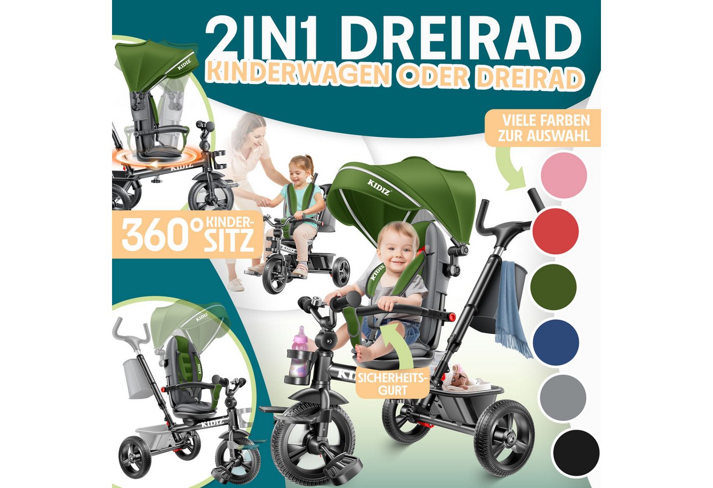 KIDIZ Dreirad 5in1 Kinderdreirad mit Schubstange und Korb Ab 1 Jahr Khaki Bild 3