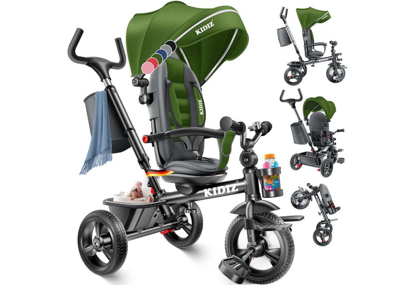 KIDIZ Dreirad 5in1 Kinderdreirad mit Schubstange und Korb Ab 1 Jahr Khaki Bild 4