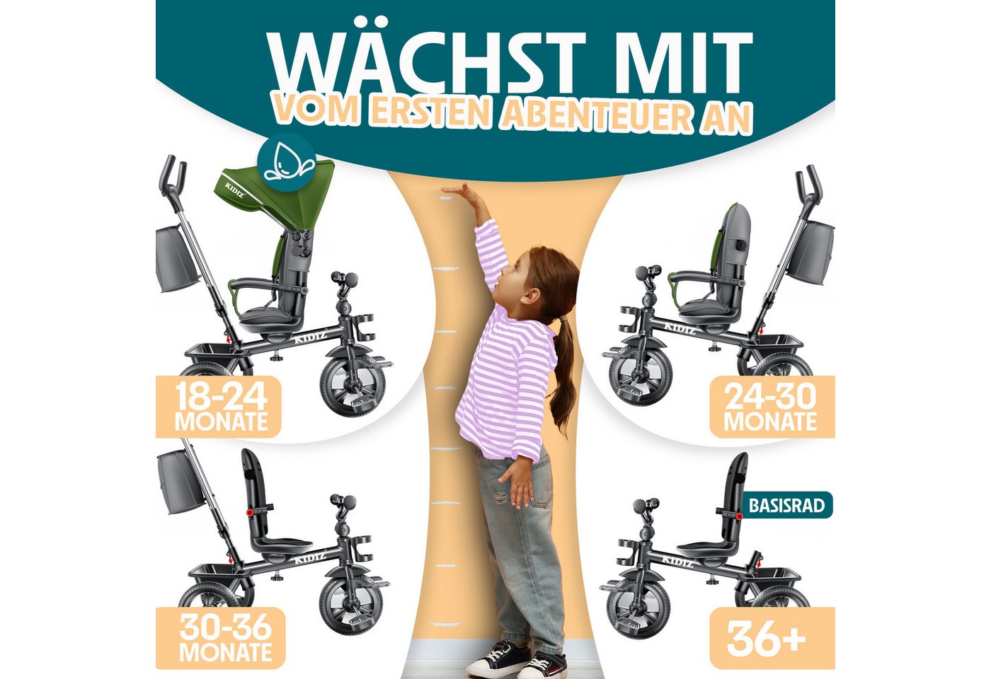 KIDIZ Dreirad 5in1 Kinderdreirad mit Schubstange und Korb Ab 1 Jahr Khaki Bild 5