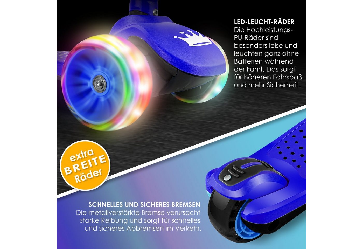KIDIZ Dreiradscooter X-Pro2 Faltbar PU LED Räder Höhenverstellbar Schwarz Blau
