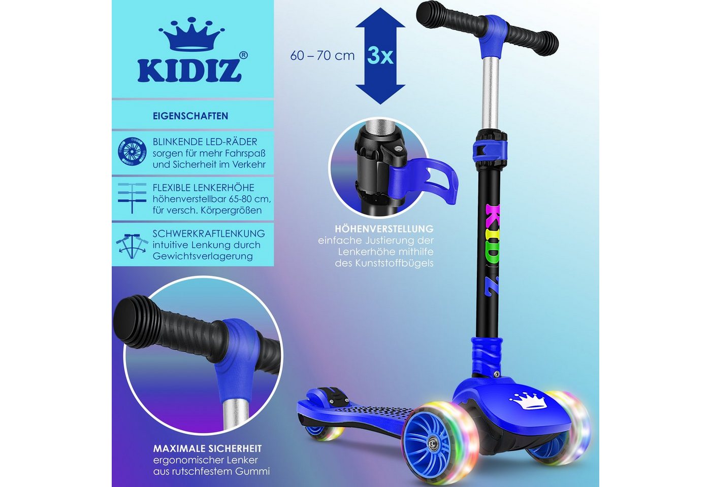 KIDIZ Dreiradscooter X-Pro2 Faltbar PU LED Räder Höhenverstellbar Schwarz Blau Bild 5