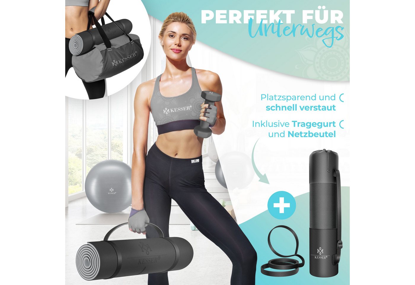 KESSER Gymnastikmatte TPE Rutschfest Größe 183 x 61 cm Farbe Grau