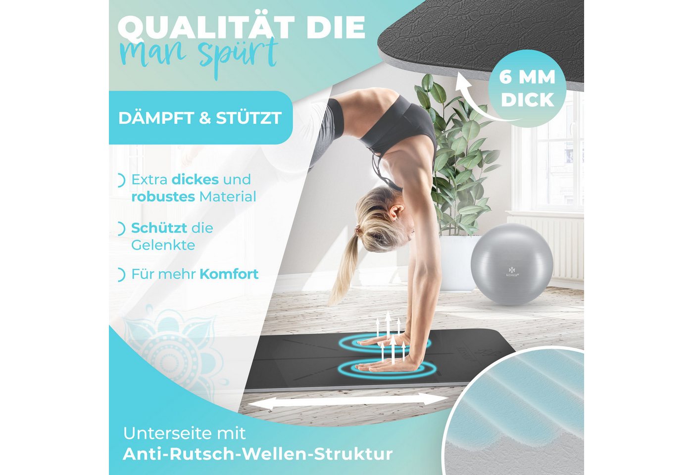 KESSER Gymnastikmatte TPE Rutschfest Größe 183 x 61 cm Farbe Grau Bild 2