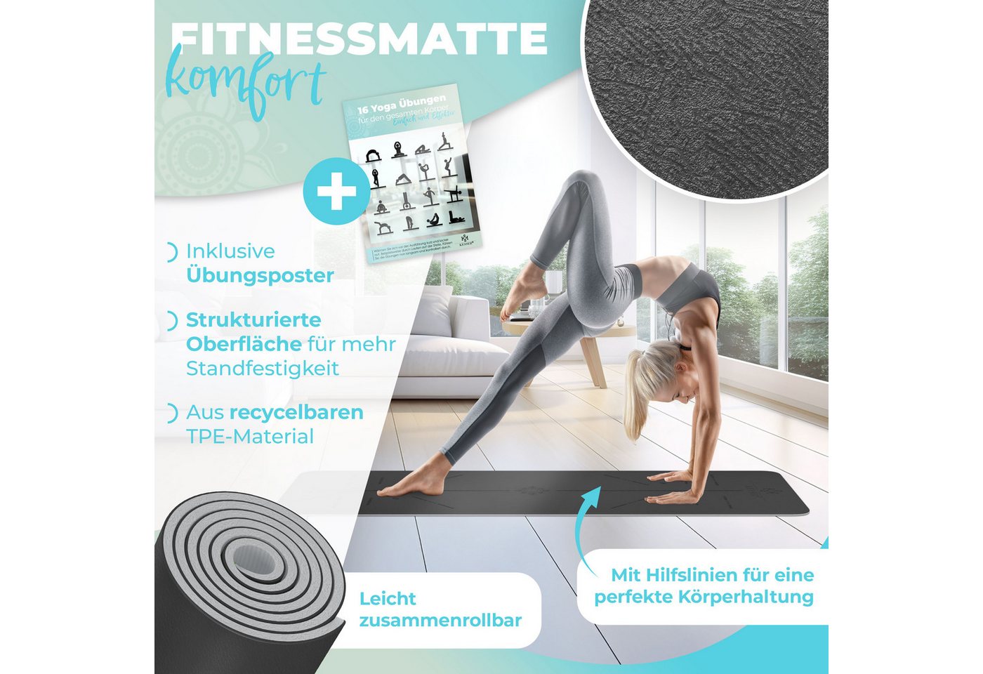 KESSER Gymnastikmatte TPE Rutschfest Größe 183 x 61 cm Farbe Grau Bild 3