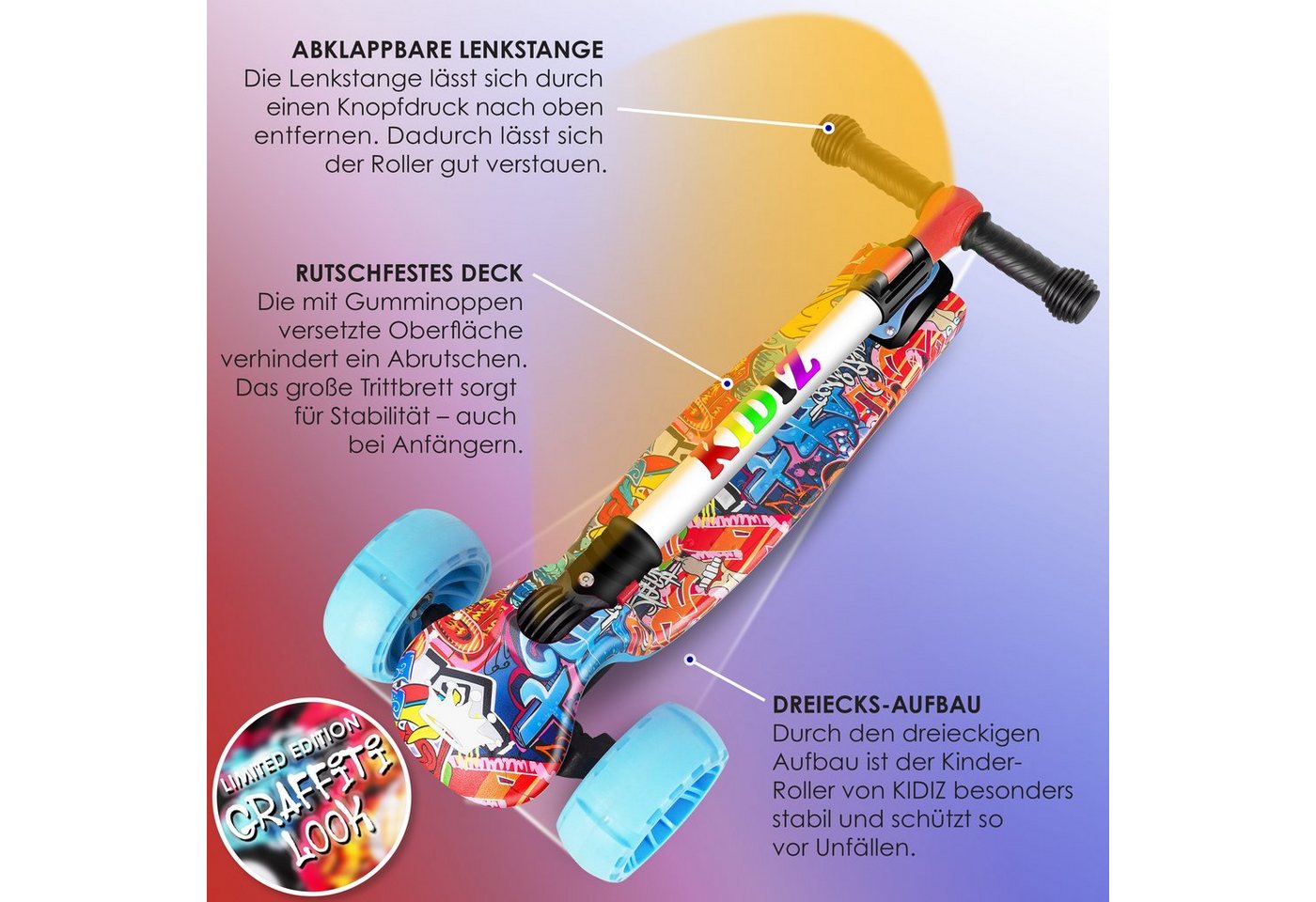 KIDIZ Dreiradscooter X-Pro2 Faltbar PU LED Räder Höhenverstellbar Graffiti Bild 2
