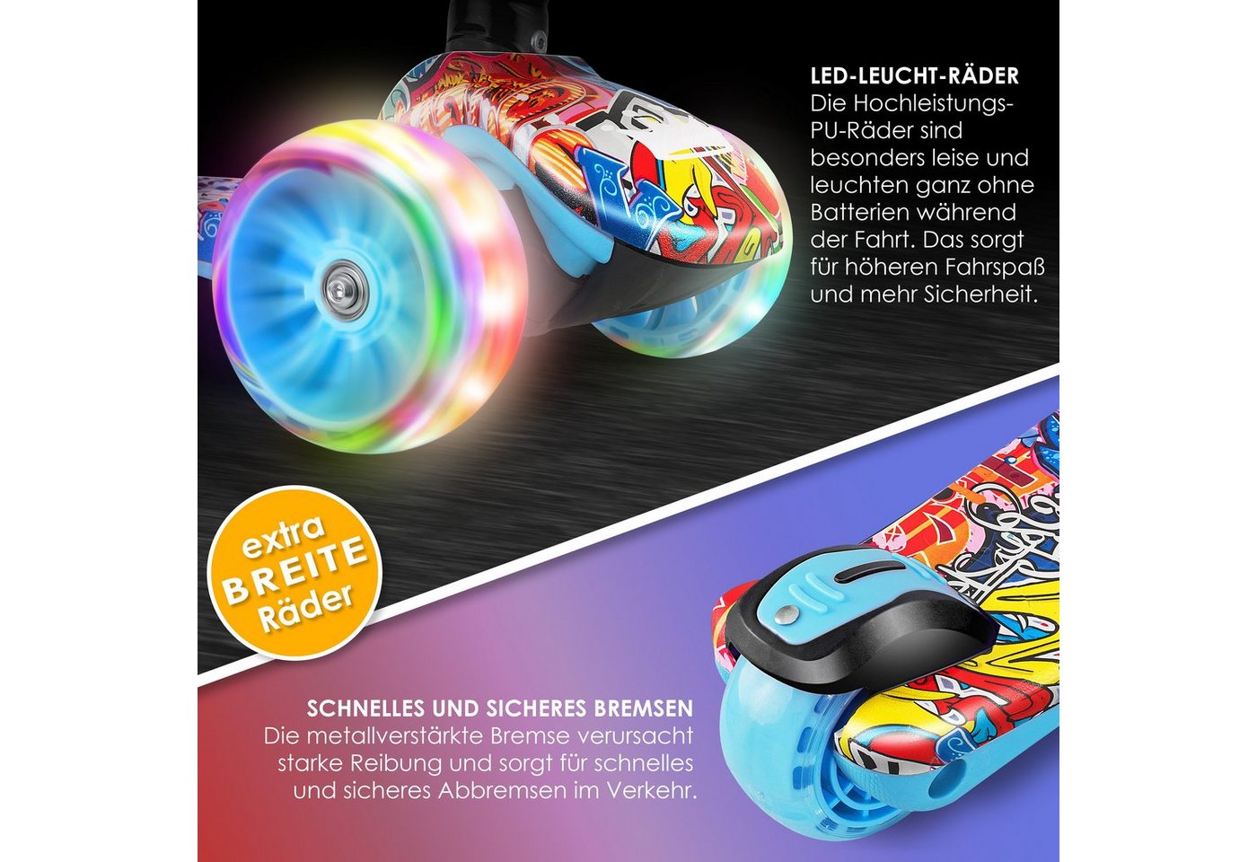 KIDIZ Dreiradscooter X-Pro2 Faltbar PU LED Räder Höhenverstellbar Graffiti Bild 5