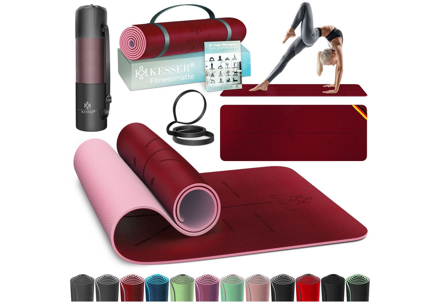 KESSER Gymnastikmatte TPE Rutschfest Größe 183 x 61 cm Farbe Bordeaux Bild 2