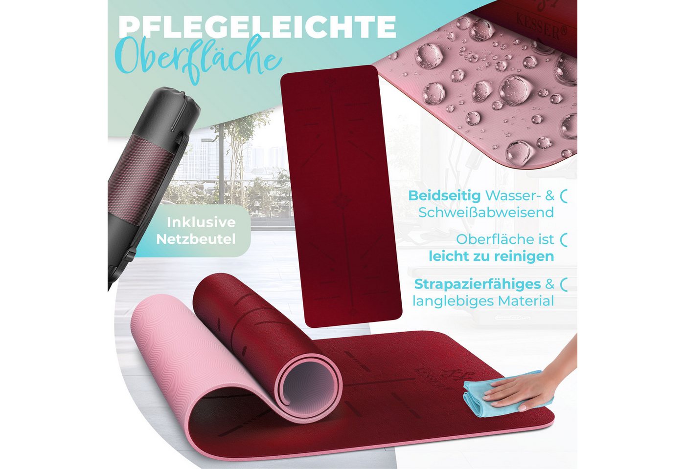 KESSER Gymnastikmatte TPE Rutschfest Größe 183 x 61 cm Farbe Bordeaux Bild 3