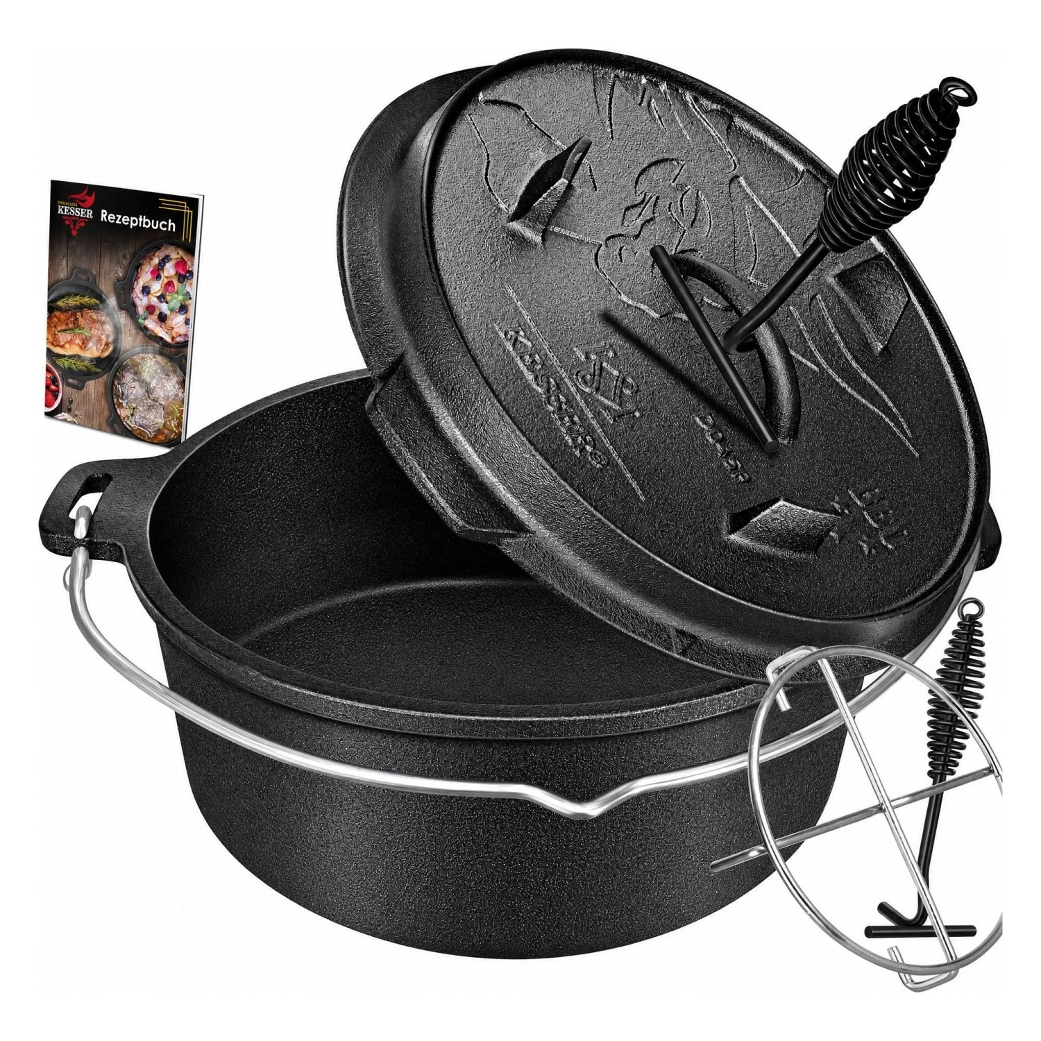 KESSER Dutch Oven Set Gusseisen mit Deckel DO9P 9.0, Schwarz Ohne Füße